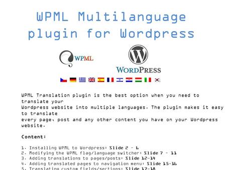 WPML Translation plugin is the best option when you need to translate your Wordpress website into multiple languages. The plugin makes it easy to translate.