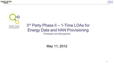 1 3 rd Party Phase II – 1-Time LOAs for Energy Data and HAN Provisioning May 11, 2012 Processes and Storyboards ‘Access, Control & Convenience’