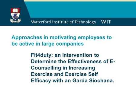 Approaches in motivating employees to be active in large companies Fit4duty: an Intervention to Determine the Effectiveness of E- Counselling in Increasing.
