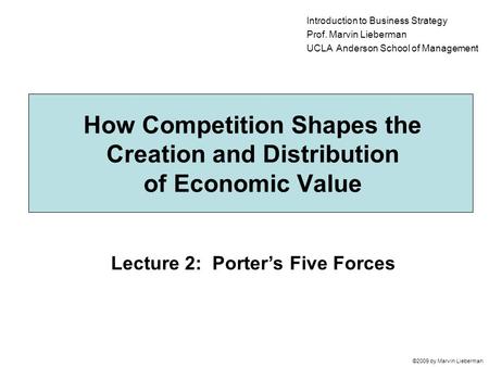 Lecture 2: Porter’s Five Forces ©2009 by Marvin Lieberman How Competition Shapes the Creation and Distribution of Economic Value Introduction to Business.