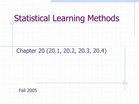 Statistical Learning Methods Copyright, 1996 © Dale Carnegie & Associates, Inc. Chapter 20 (20.1, 20.2, 20.3, 20.4) Fall 2005.