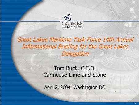 1 Great Lakes Maritime Task Force 14th Annual Informational Briefing for the Great Lakes Delegation Tom Buck, C.E.O. Carmeuse Lime and Stone April 2, 2009.