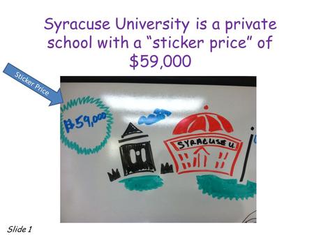 Syracuse University is a private school with a “sticker price” of $59,000 Sticker Price Slide 1.