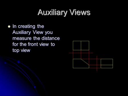 Auxiliary Views In creating the Auxiliary View you measure the distance for the front view to top view.