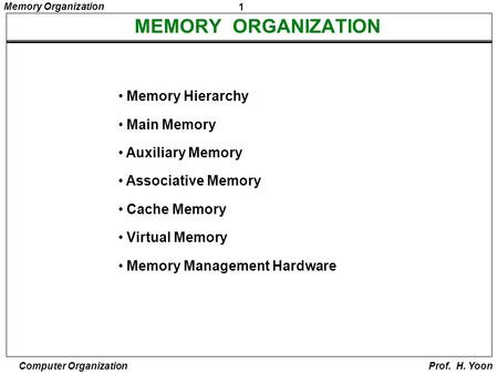 1 Memory Organization Computer Organization Prof. H. Yoon Memory Hierarchy Main Memory Auxiliary Memory Associative Memory Cache Memory Virtual Memory.