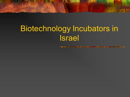 Biotechnology Incubators in Israel. The Israeli Biotechnology Market 160 companies (30% in therapeutics) 4000 employees Market valuation: $3.5 billion.