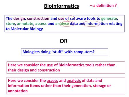 The design, construction and use of software tools to generate, store, annotate, access and analyse data and information relating to Molecular Biology.