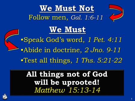 Speak God’s word, 1 Pet. 4:11Speak God’s word, 1 Pet. 4:11 Abide in doctrine, 2 Jno. 9-11Abide in doctrine, 2 Jno. 9-11 Test all things, 1 Ths. 5:21-22Test.