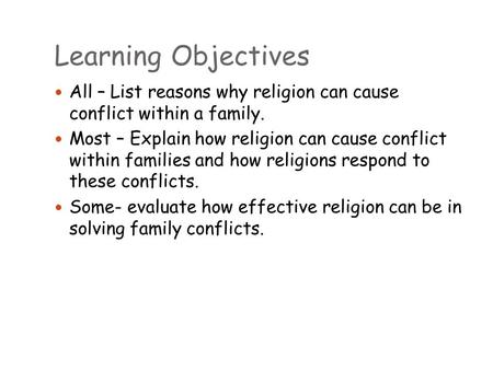 Learning Objectives All – List reasons why religion can cause conflict within a family. Most – Explain how religion can cause conflict within families.