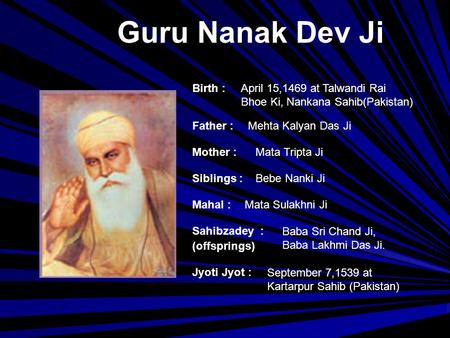Guru Nanak Dev Ji Birth : April 15,1469 at Talwandi Rai