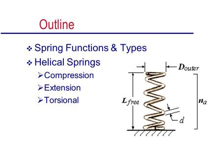 Outline  Spring Functions & Types  Helical Springs  Compression  Extension  Torsional.