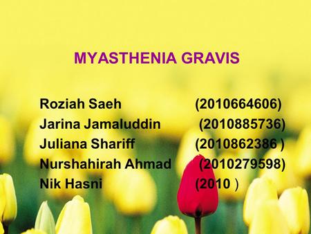 MYASTHENIA GRAVIS Roziah Saeh (2010664606) Jarina Jamaluddin (2010885736) Juliana Shariff (2010862386 ) Nurshahirah Ahmad (2010279598) Nik Hasni (2010.