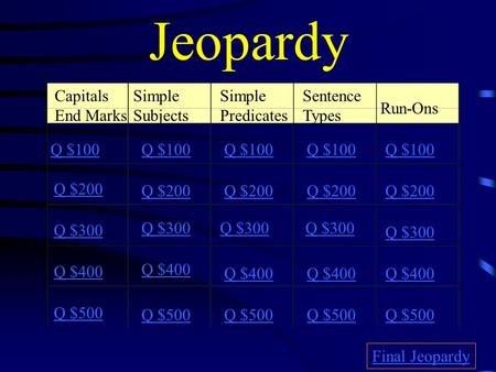 Jeopardy Capitals End Marks Simple Subjects Simple Predicates Sentence Types Run-Ons Q $100 Q $200 Q $300 Q $400 Q $500 Q $100 Q $200 Q $300 Q $400 Q.