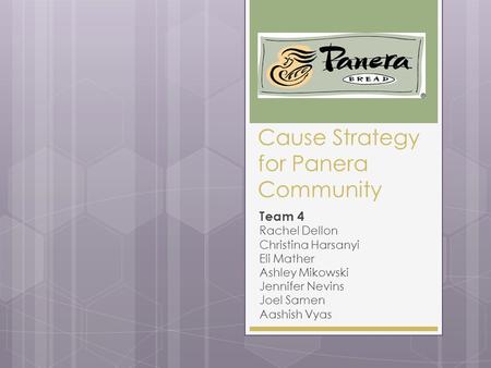 Cause Strategy for Panera Community Team 4 Rachel Dellon Christina Harsanyi Eli Mather Ashley Mikowski Jennifer Nevins Joel Samen Aashish Vyas.