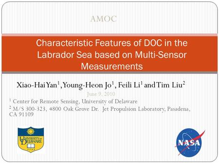 Xiao-Hai Yan 1, Young-Heon Jo 1, Feili Li 1 and Tim Liu 2 June 9, 2010 1 Center for Remote Sensing, University of Delaware 2 M/S 300-323, 4800 Oak Grove.