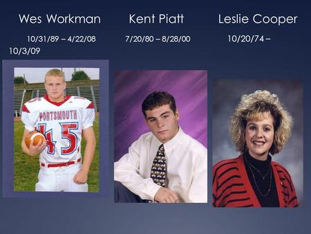 Wes Workman Kent Piatt Leslie Cooper 10/31/89 – 4/22/08 7/20/80 – 8/28/00 10/20/74 – 10/3/09.