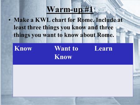 Warm-up #1 Make a KWL chart for Rome. Include at least three things you know and three things you want to know about Rome. KnowWant to Know Learn.