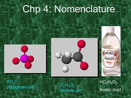 4-1 Chp 4: Nomenclature PO 4 3- phosphate ion C 2 H 3 O 2 - acetate ion HC 2 H 3 O 2 Acetic Acid.