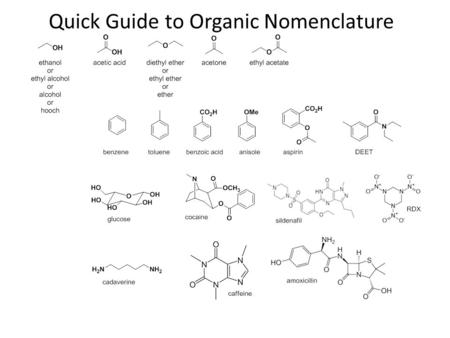 Quick Guide to Organic Nomenclature. Pick longest carbon chain as base, assign numbers so that they are as low as possible.
