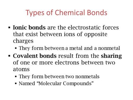 Types of Chemical Bonds  Ionic bonds are the electrostatic forces that exist between ions of opposite charges  They form between a metal and a nonmetal.