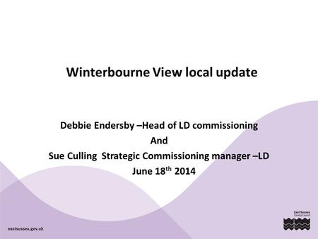 Winterbourne View local update Debbie Endersby –Head of LD commissioning And Sue Culling Strategic Commissioning manager –LD June 18 th 2014.