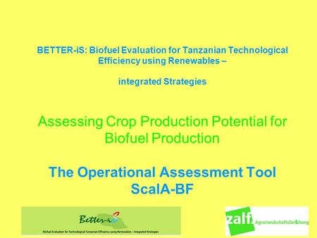 1 BETTER-iS: Biofuel Evaluation for Tanzanian Technological Efficiency using Renewables – integrated Strategies Assessing Crop Production Potential for.