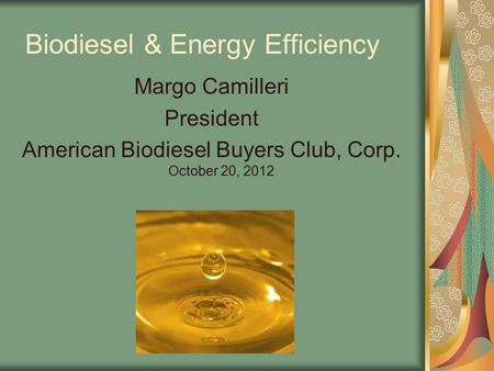 Biodiesel & Energy Efficiency Margo Camilleri President American Biodiesel Buyers Club, Corp. October 20, 2012.