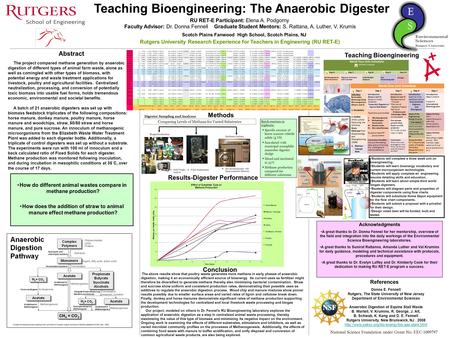 Teaching Bioengineering: The Anaerobic Digester Scotch Plains Fanwood High School, Scotch Plains, NJ National Science Foundation under Grant No. EEC-1009797.