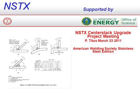 NSTX Supported by NSTX Centerstack Upgrade Project Meeting P. Titus March 23 2011 American Welding Society Stainless Steel Edition.