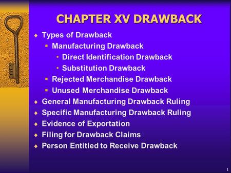 1 CHAPTER XV DRAWBACK  Types of Drawback  Manufacturing Drawback Direct Identification Drawback Substitution Drawback  Rejected Merchandise Drawback.