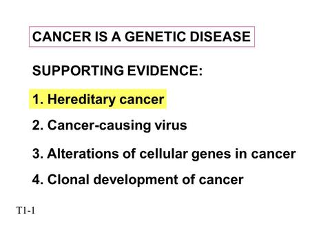 CANCER IS A GENETIC DISEASE SUPPORTING EVIDENCE: 1. Hereditary cancer 2. Cancer-causing virus 3. Alterations of cellular genes in cancer 4. Clonal development.