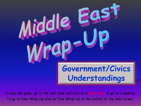 Government/Civics Understandings To play the game, go to the next slide and click on a point value to go to a question. To go to final Wrap-Up click on.