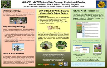 USA-NPN – USFWS Partnership in Phenology Monitoring & Education Nature’s Notebook: Plant & Animal Observing Program L. Barnett, K. Kilcullen, T. M. Crimmins,
