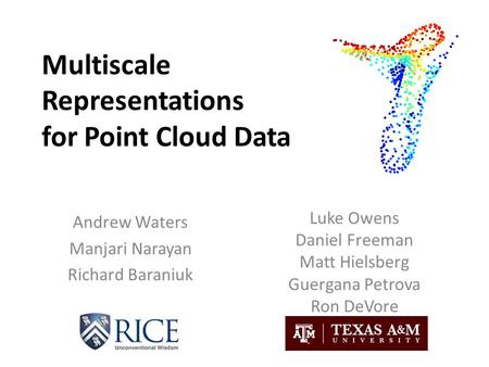 Multiscale Representations for Point Cloud Data Andrew Waters Manjari Narayan Richard Baraniuk Luke Owens Daniel Freeman Matt Hielsberg Guergana Petrova.