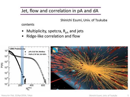 Heavy Ion Pub, 12/Apr/2014, Tokyo ShinIchi Esumi, Univ. of Tsukuba 1 Jet, flow and correlation in pA and dA ShinIchi Esumi, Univ. of Tsukuba contents Multiplicity,