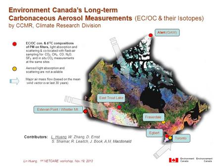 Environment Canada’s Long-term Carbonaceous Aerosol Measurements Carbonaceous Aerosol Measurements (EC/OC & their Isotopes) by CCMR, Climate Research Division.