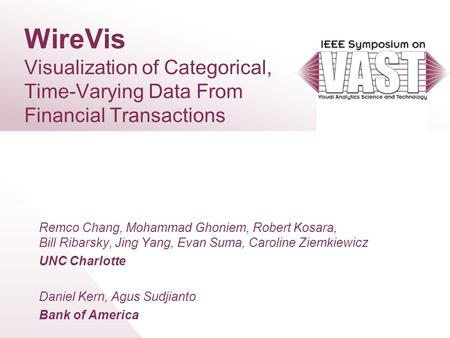 WireVis Visualization of Categorical, Time-Varying Data From Financial Transactions Remco Chang, Mohammad Ghoniem, Robert Kosara, Bill Ribarsky, Jing Yang,