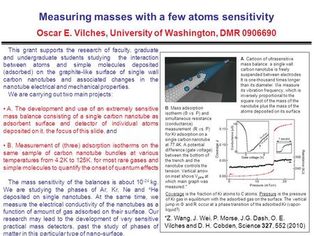 Measuring masses with a few atoms sensitivity Oscar E. Vilches, University of Washington, DMR 0906690 This grant supports the research of faculty, graduate.