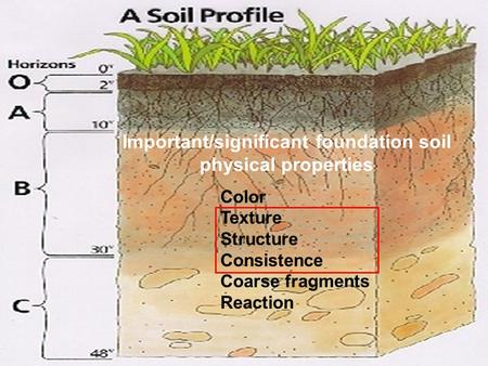 1 Important/significant foundation soil physical properties Color Texture Structure Consistence Coarse fragments Reaction.