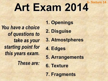 Art Exam 2014 6- Texture 14 Openings Disguise Atmostpheres Edges