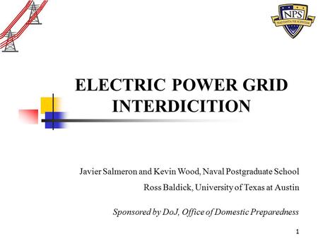 1 ELECTRIC POWER GRID INTERDICITION Javier Salmeron and Kevin Wood, Naval Postgraduate School Ross Baldick, University of Texas at Austin Sponsored by.