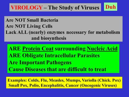 VIROLOGY – The Study of Viruses Are NOT Small Bacteria Are NOT Living Cells Lack ALL (nearly) enzymes necessary for metabolism and biosynthesis ARE Protein.