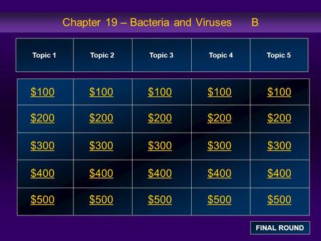 Chapter 19 – Bacteria and Viruses B $100 $200 $300 $400 $500 $100$100$100 $200 $300 $400 $500 Topic 1Topic 2Topic 3Topic 4 Topic 5 FINAL ROUND.