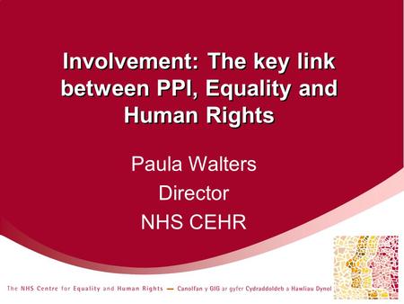 Involvement: The key link between PPI, Equality and Human Rights Paula Walters Director NHS CEHR.