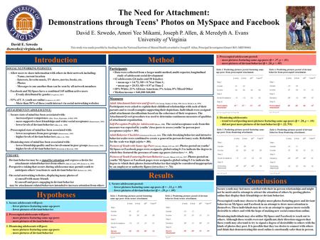 The Need for Attachment: Demonstrations through Teens’ Photos on MySpace and Facebook Introduction SOCIAL NETWORKING WEBSITES: - Allow users to share information.