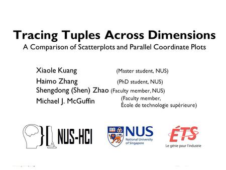 Tracing Tuples Across Dimensions A Comparison of Scatterplots and Parallel Coordinate Plots Xiaole Kuang (Master student, NUS) Haimo Zhang (PhD student,