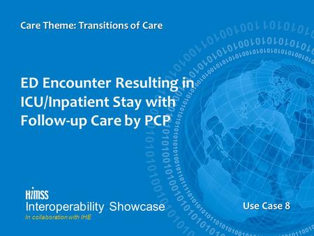 Us Case 5 ED Encounter Resulting in ICU/Inpatient Stay with Follow-up Care by PCP Care Theme: Transitions of Care Use Case 8 Interoperability Showcase.