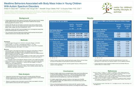 Results Mealtime Behaviors Associated with Body Mass Index in Young Children With Autism Spectrum Disorders William R. Black MA 1,2, Cathleen Odar Stough.