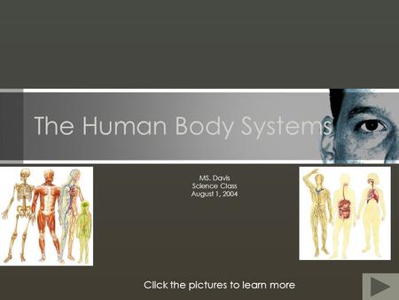 The Human Body Systems MS. Davis Science Class August 1, 2004 Click the pictures to learn more.