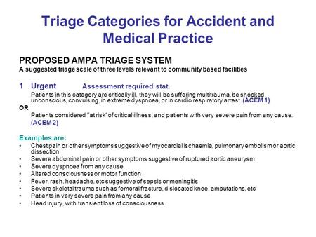 Triage Categories for Accident and Medical Practice PROPOSED AMPA TRIAGE SYSTEM A suggested triage scale of three levels relevant to community based facilities.